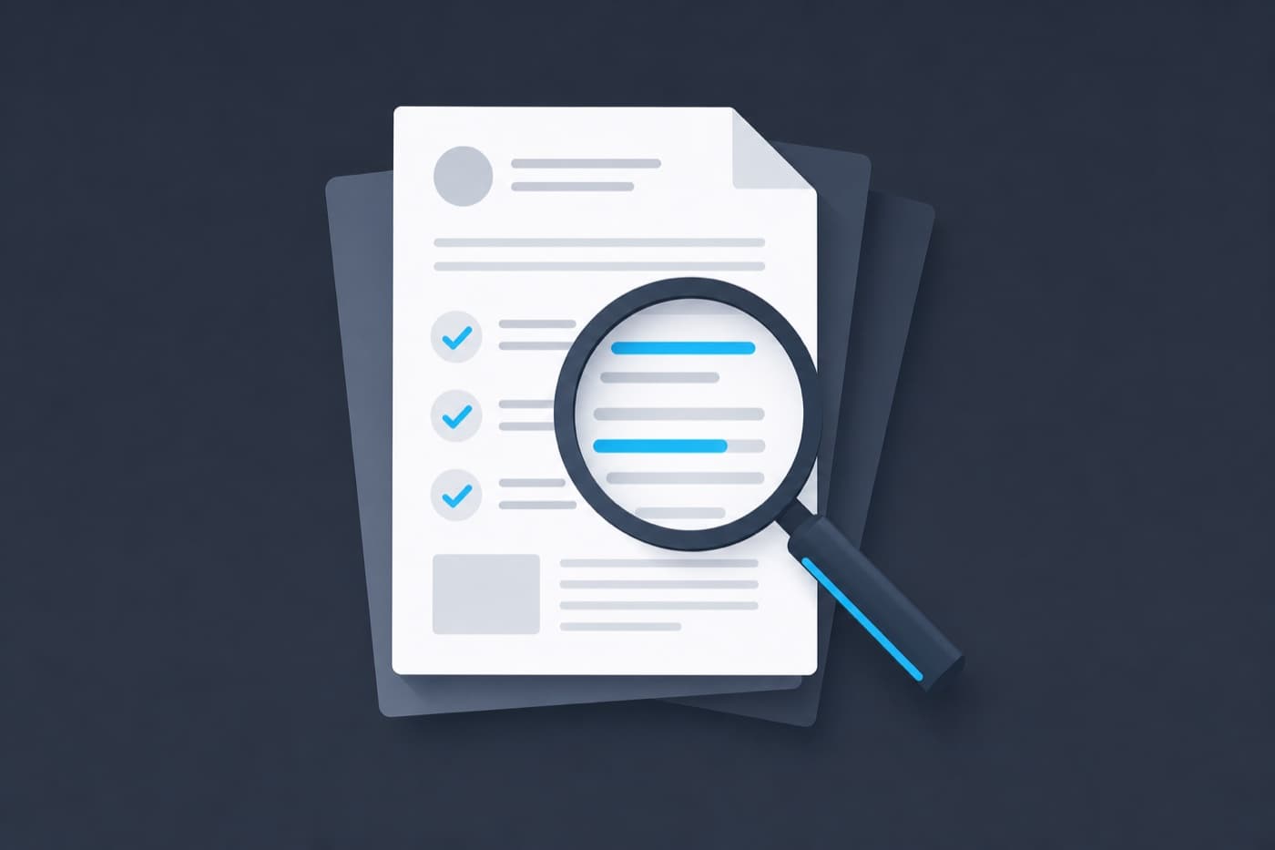 Loupe examinant un document coché, illustrant l'analyse d'un dossier de consultation
