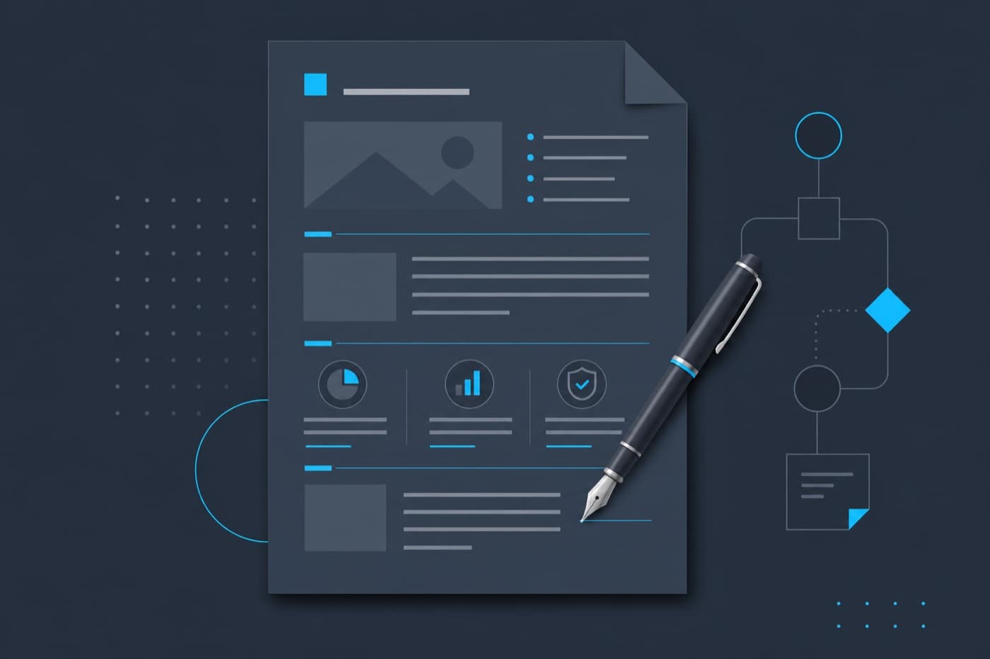 Stylo plume posé sur un document structuré, illustrant la rédaction d'un mémoire technique
