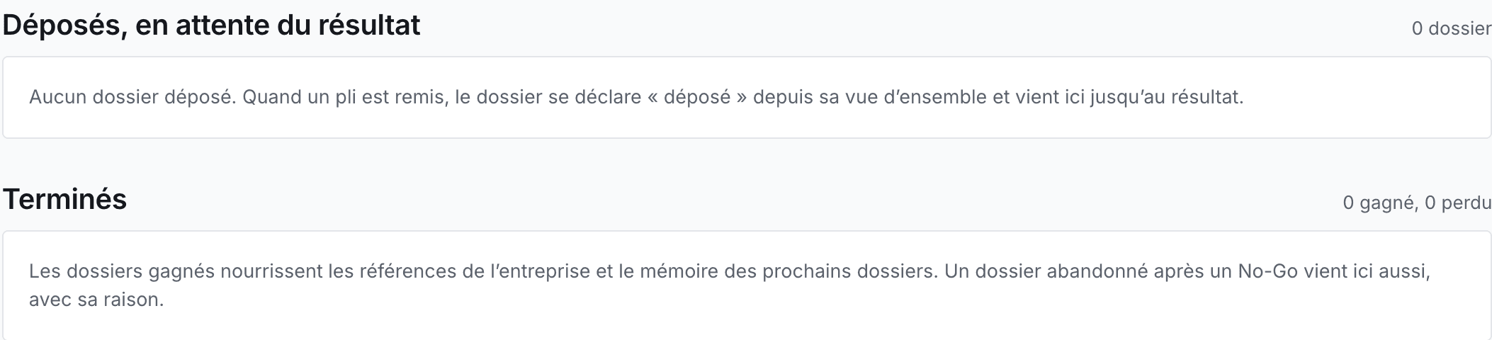 Les groupes « Déposés » et « Terminés » avant tout dépôt