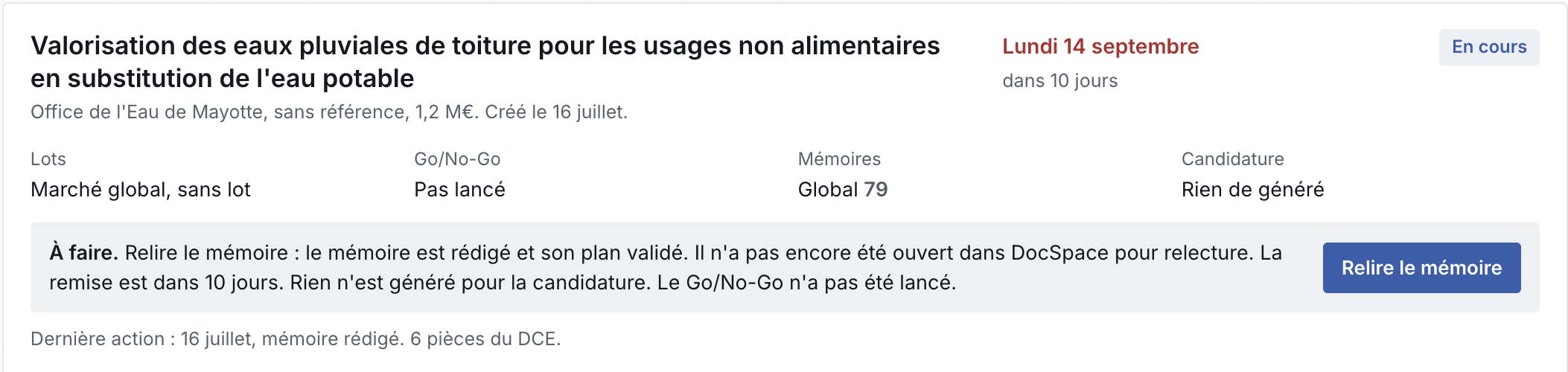 La fiche d'un dossier à déposer