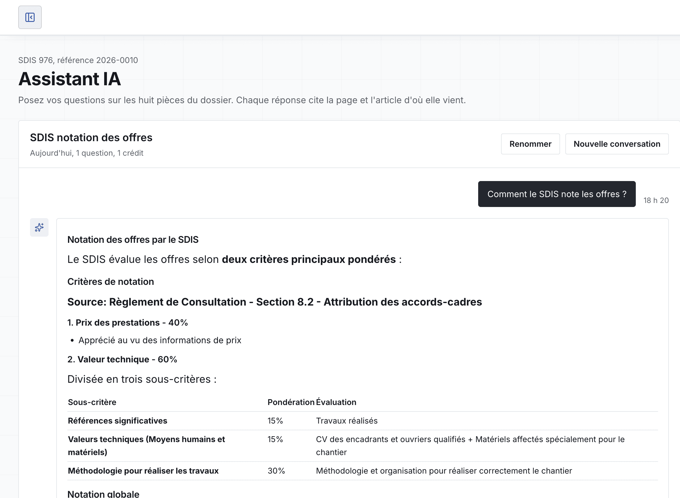 Une réponse de l'assistant, avec ses sources