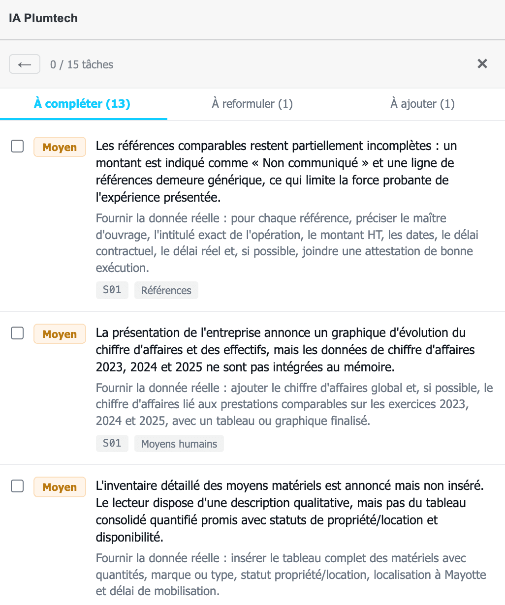 Tâches de correction à effectuer