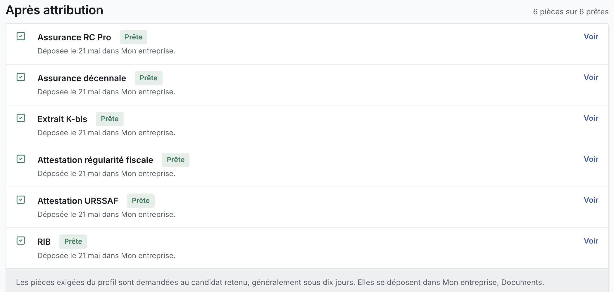 Les pièces réclamées après attribution
