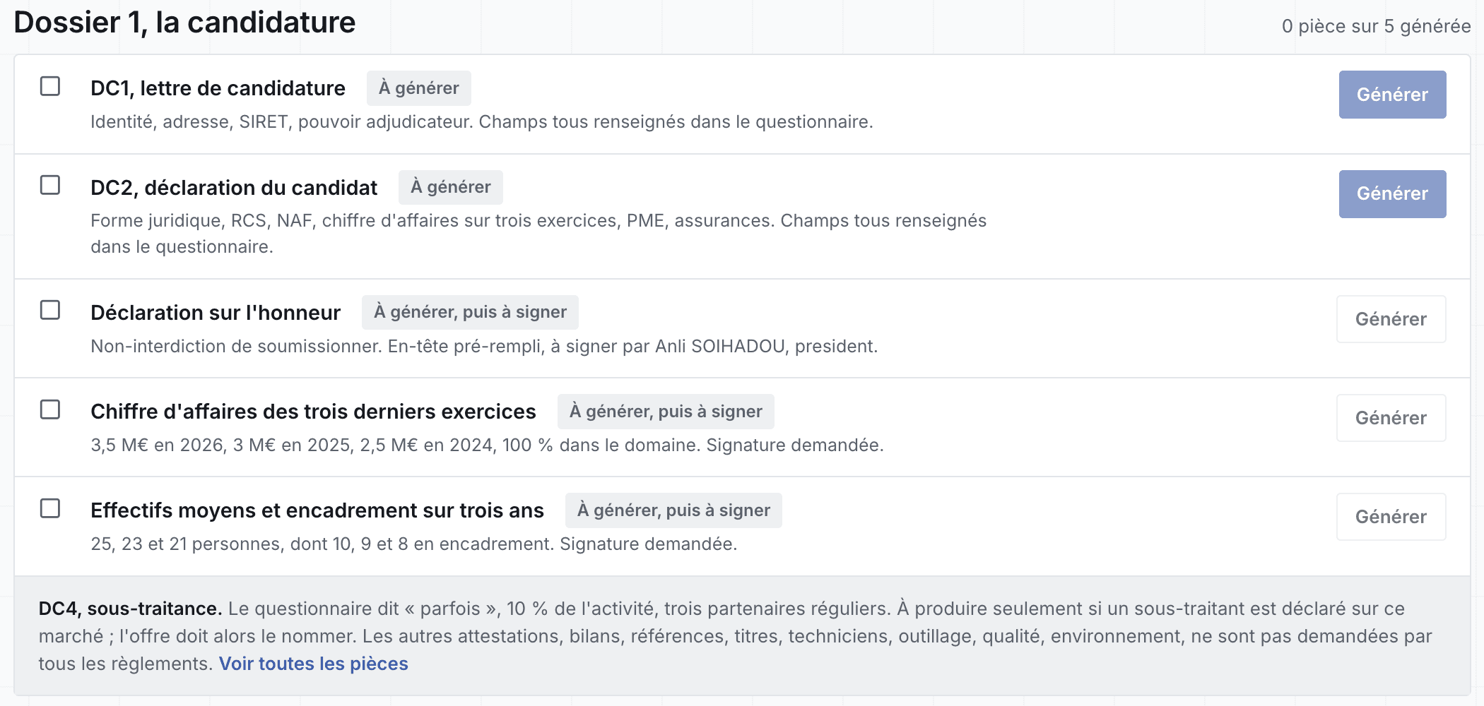 Dossier 1 : la candidature
