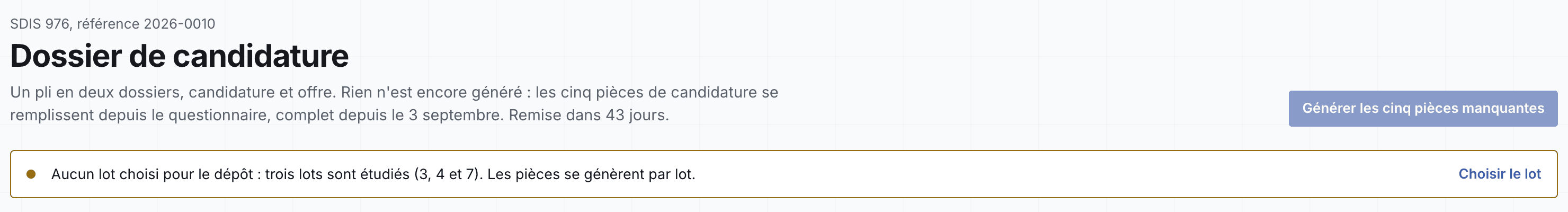 En-tête du pli et bandeau du lot déposé