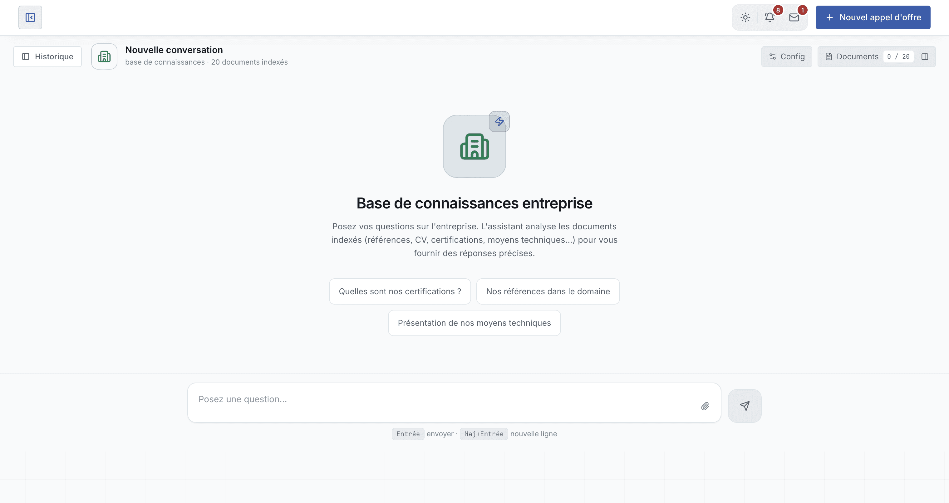 L'assistant de l'entreprise et ses questions suggérées