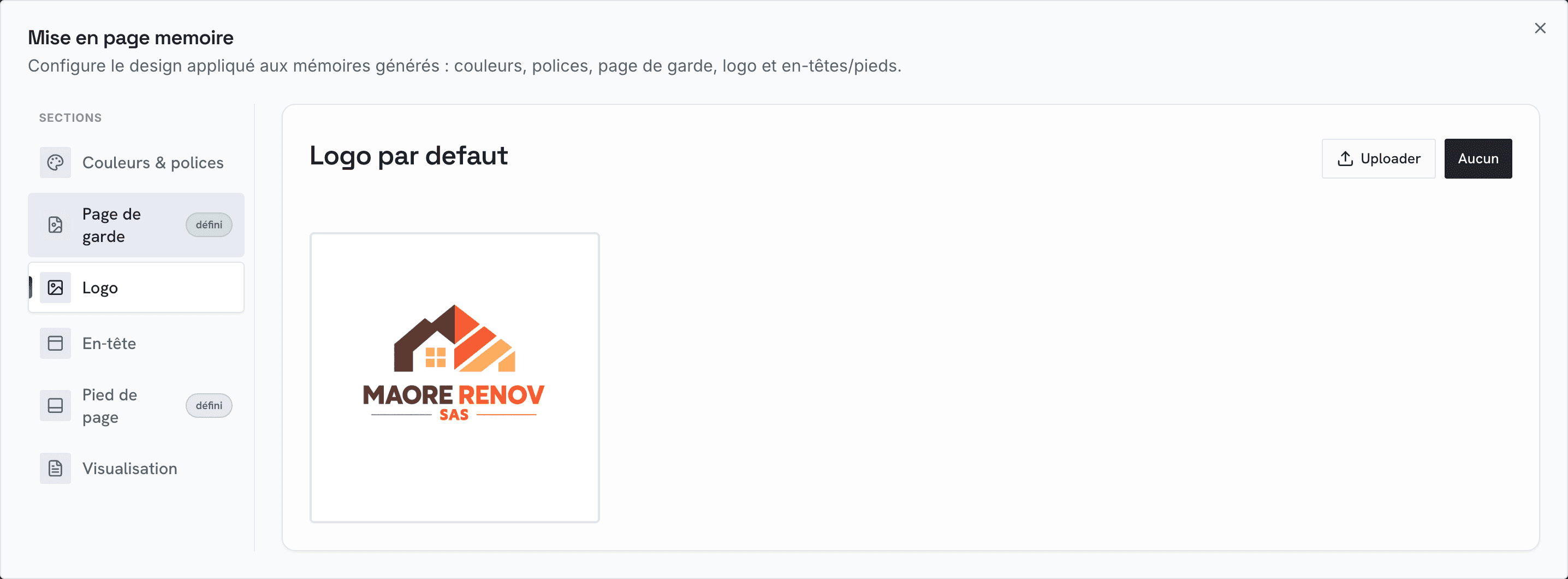 Le logo par défaut, dans la fenêtre Mise en page mémoire
