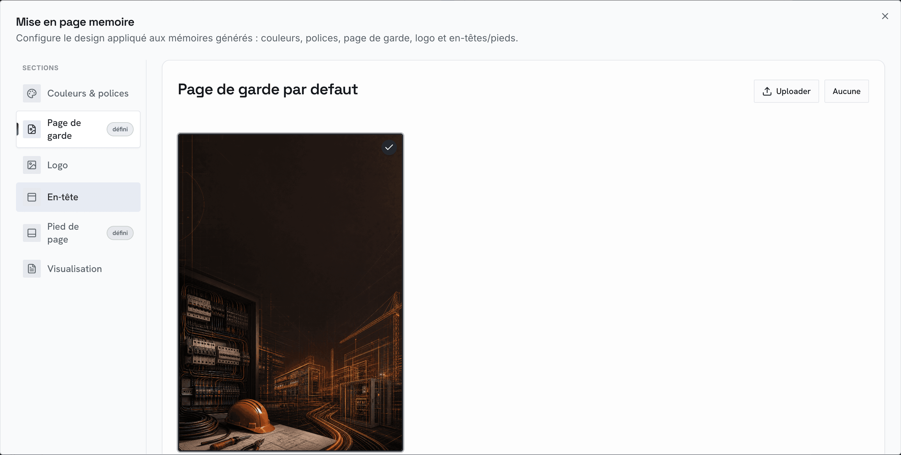 La page de garde par défaut, en couverture du mémoire