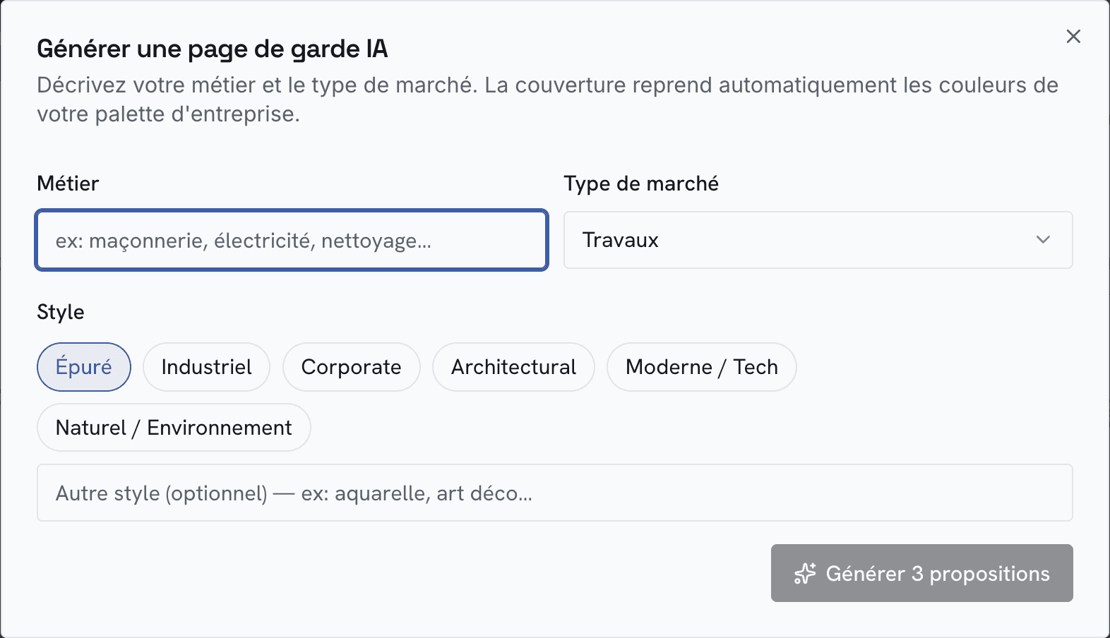 Générer une page de garde : métier, type de marché et style