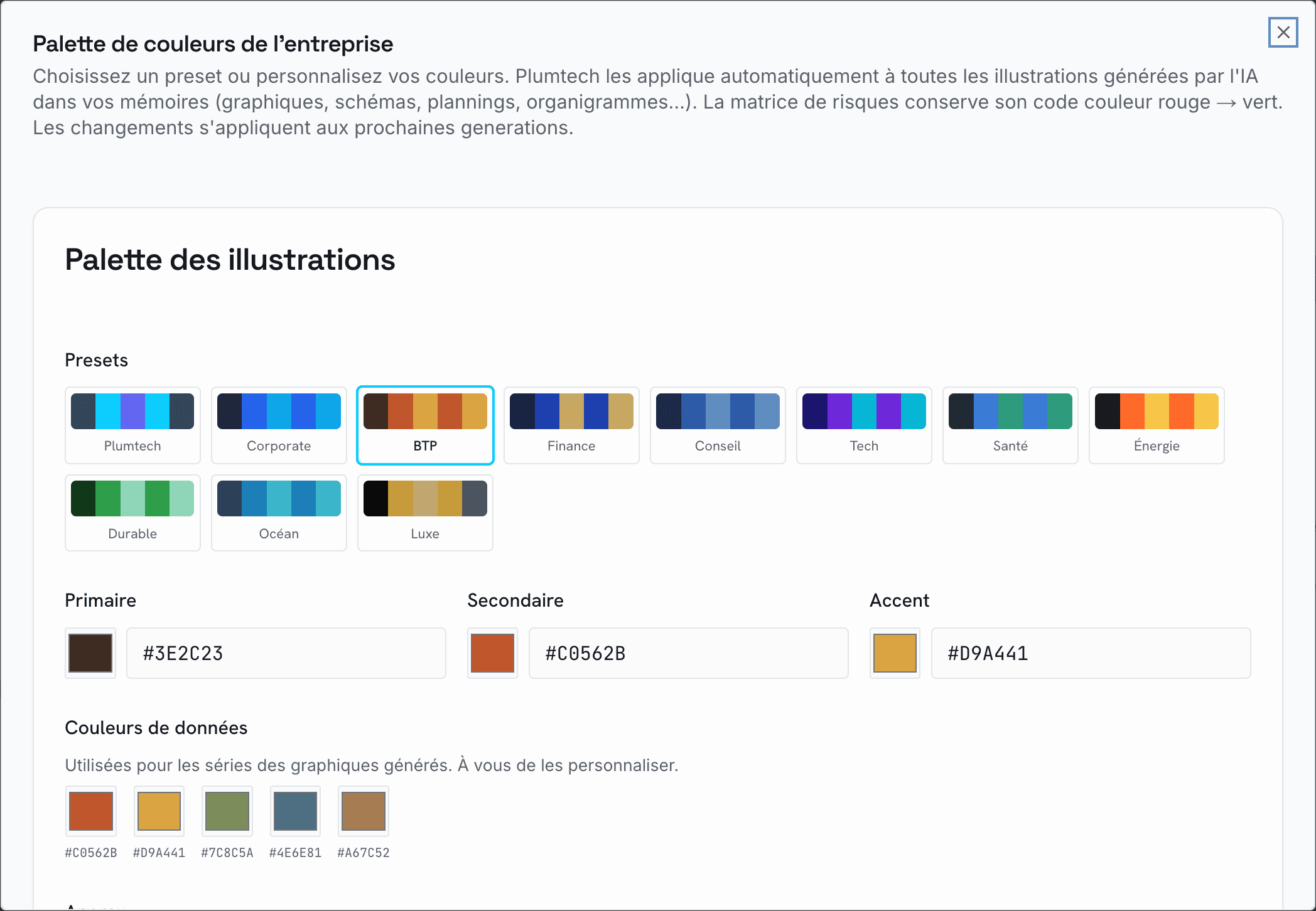 Presets, couleurs personnalisées et aperçu en direct
