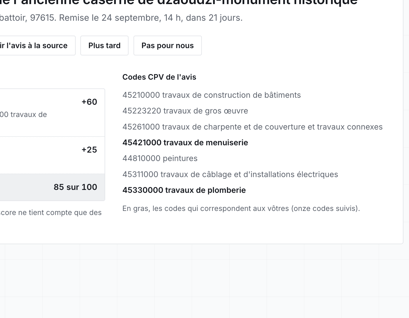 Un avis ouvert : score expliqué et codes CPV
