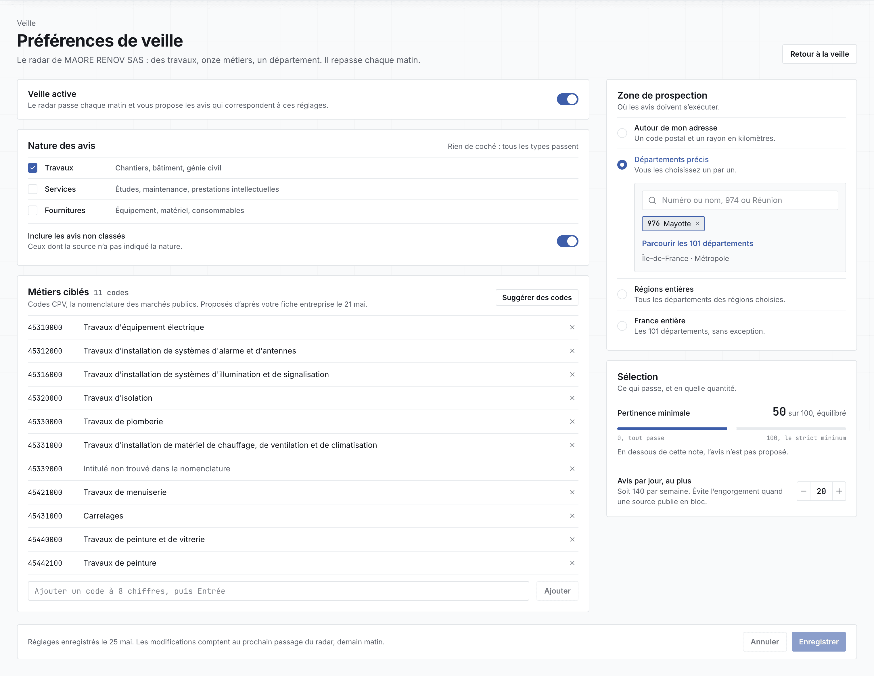 Les préférences de la veille (métiers, zone, matching)