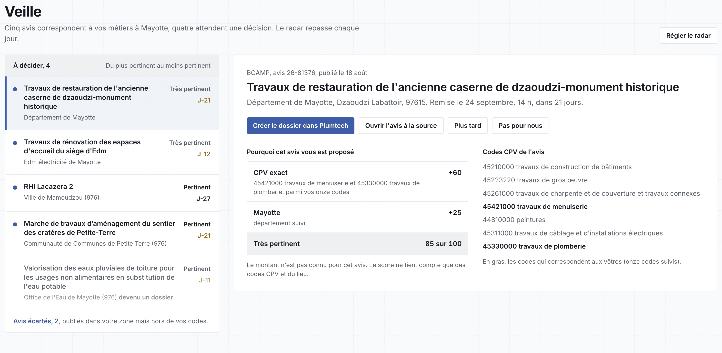 La boîte de tri : la liste à gauche, l'avis ouvert à droite