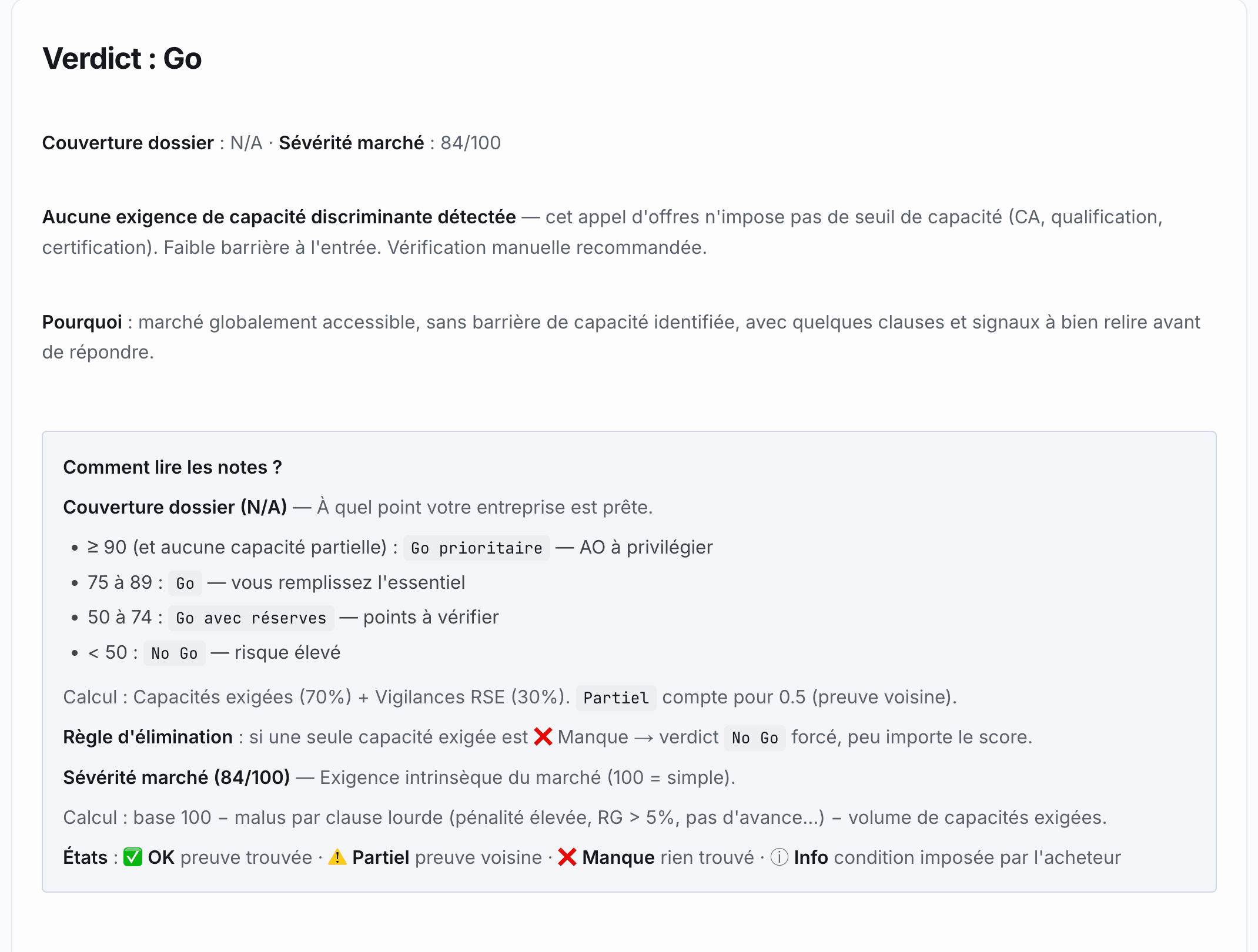 Le verdict, les deux scores et l'encadré « Comment lire les notes ? »