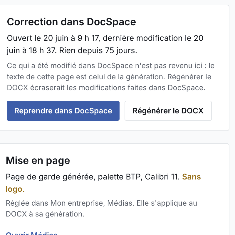 La carte « Correction dans DocSpace » et la mise en page appliquée