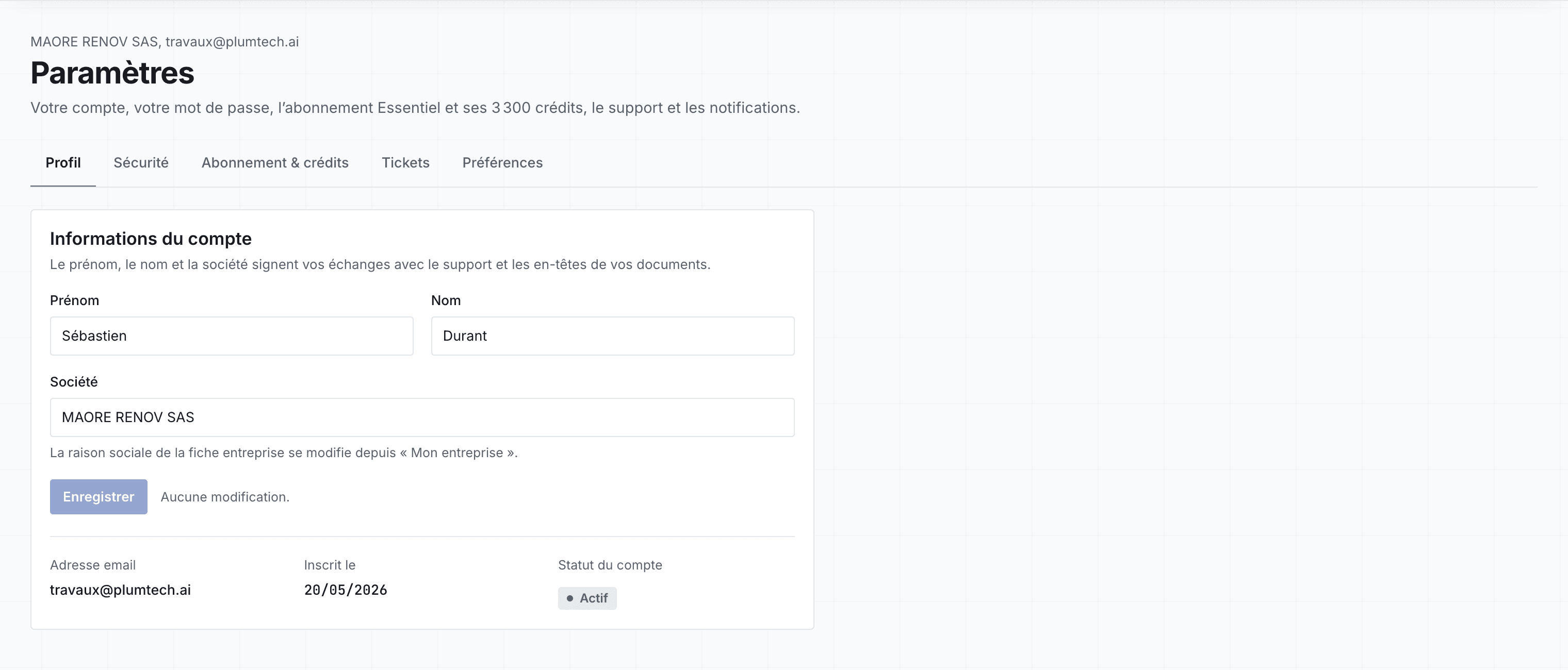 Informations du compte