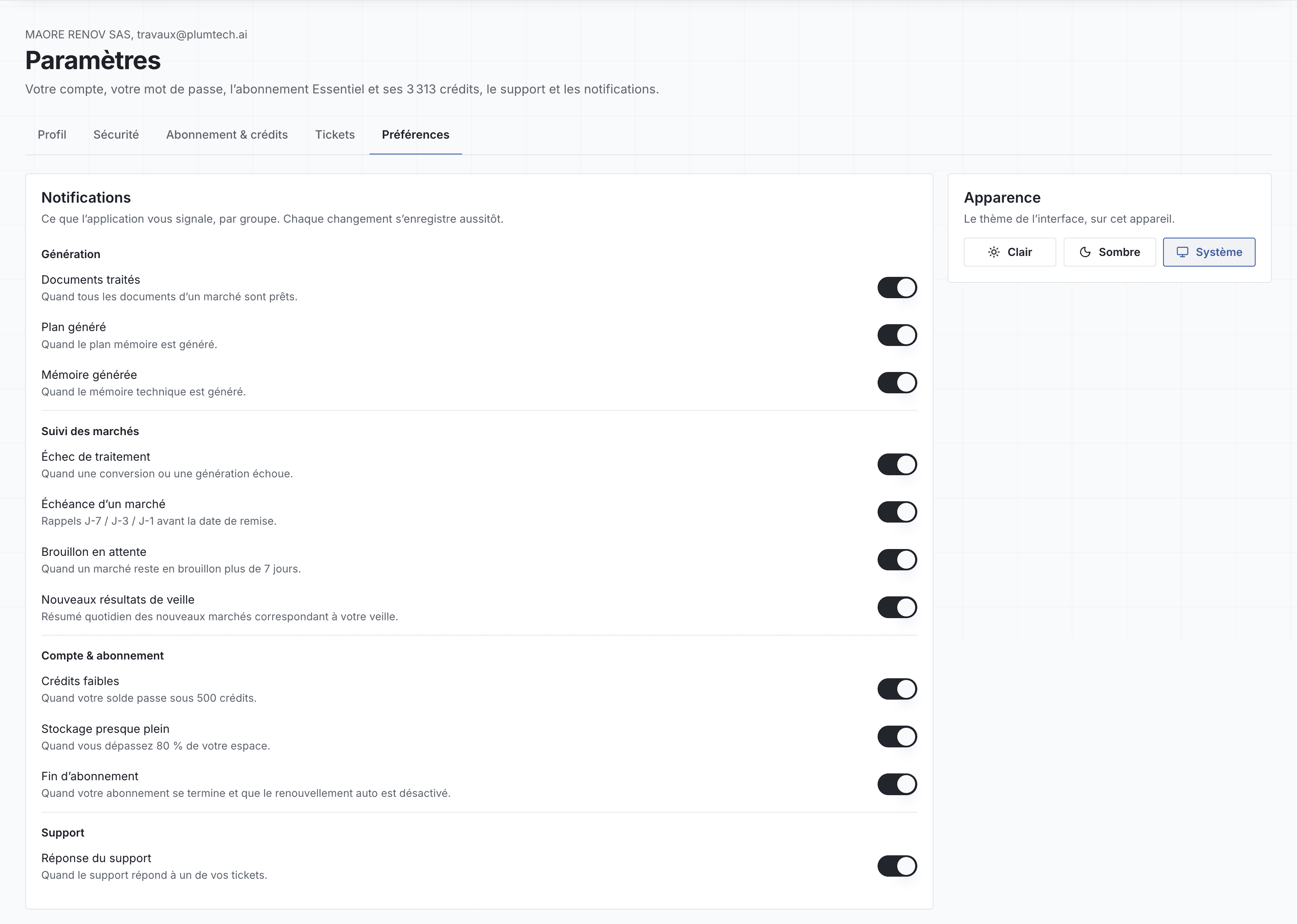 Notifications et thème d'affichage