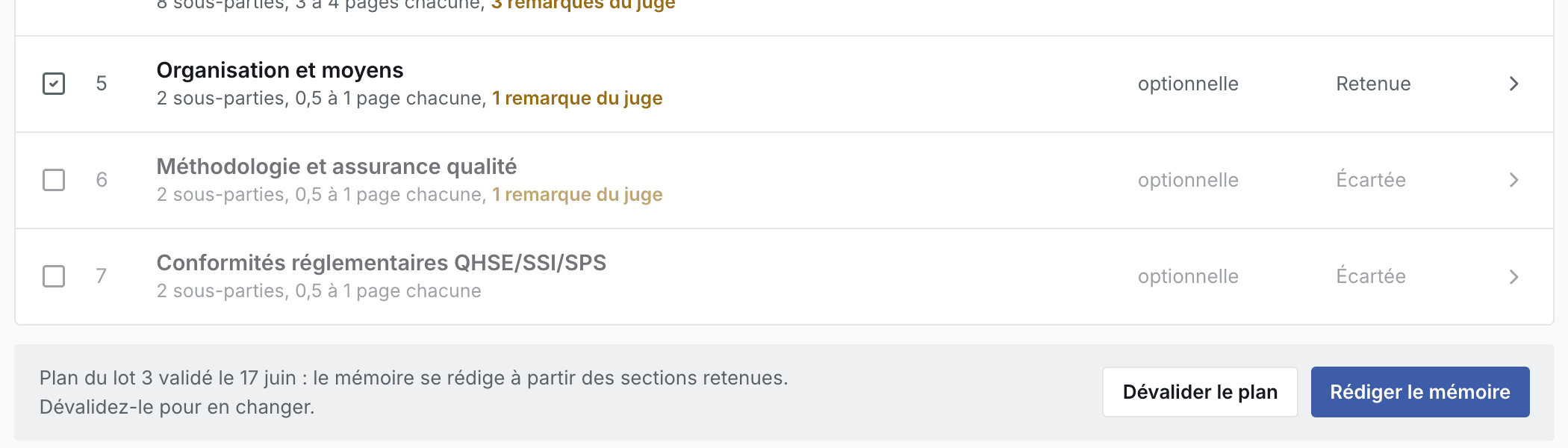 La barre de validation, sous les dernières sections