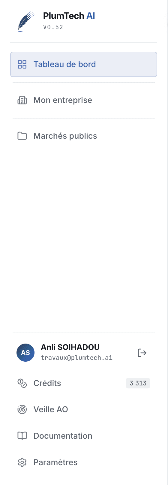 Menu de gauche de l'application