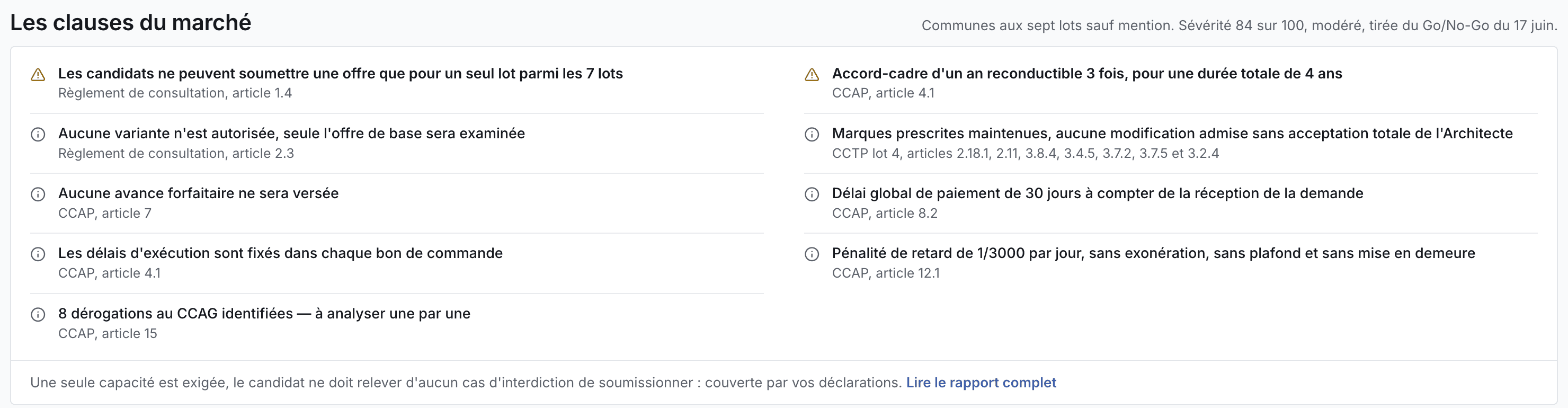 Les clauses du marché tirées du Go/No-Go