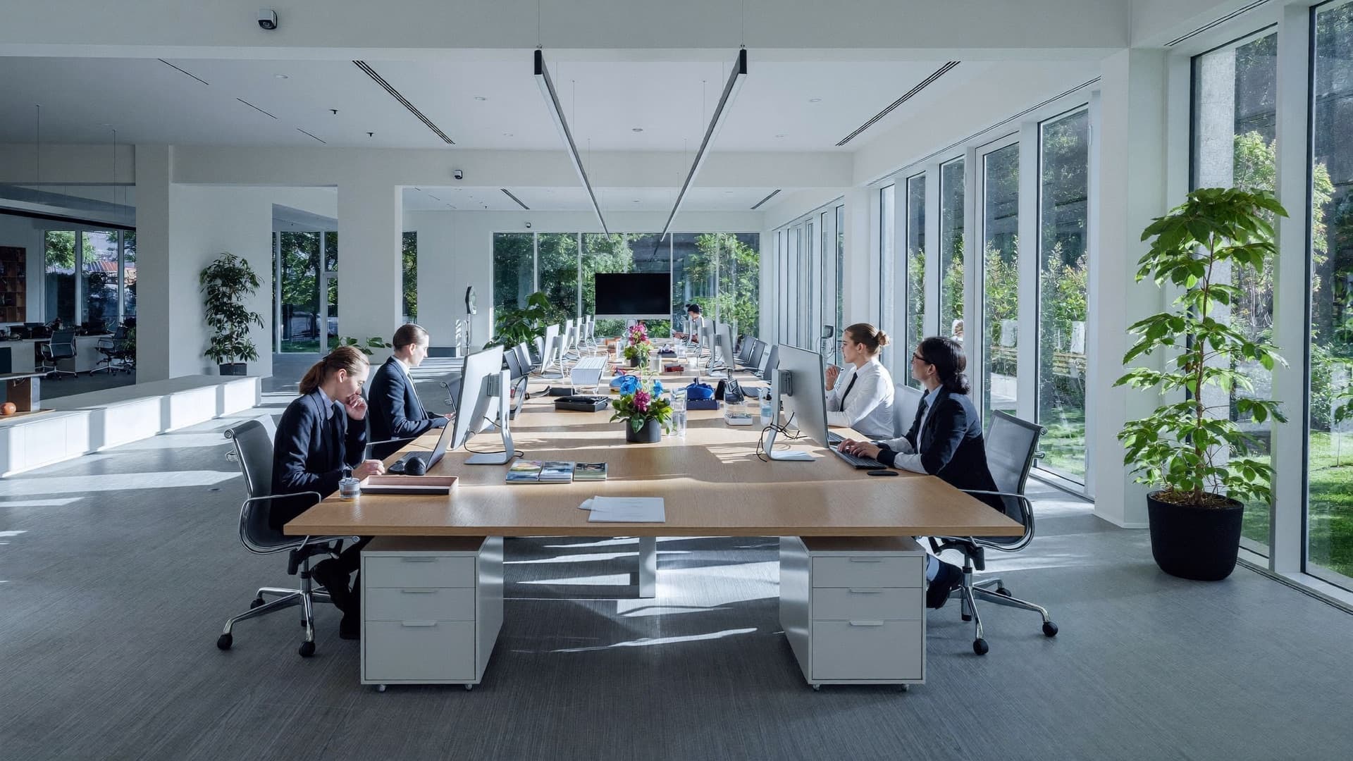 Équipe travaillant autour d'une grande table dans un plateau de bureaux lumineux