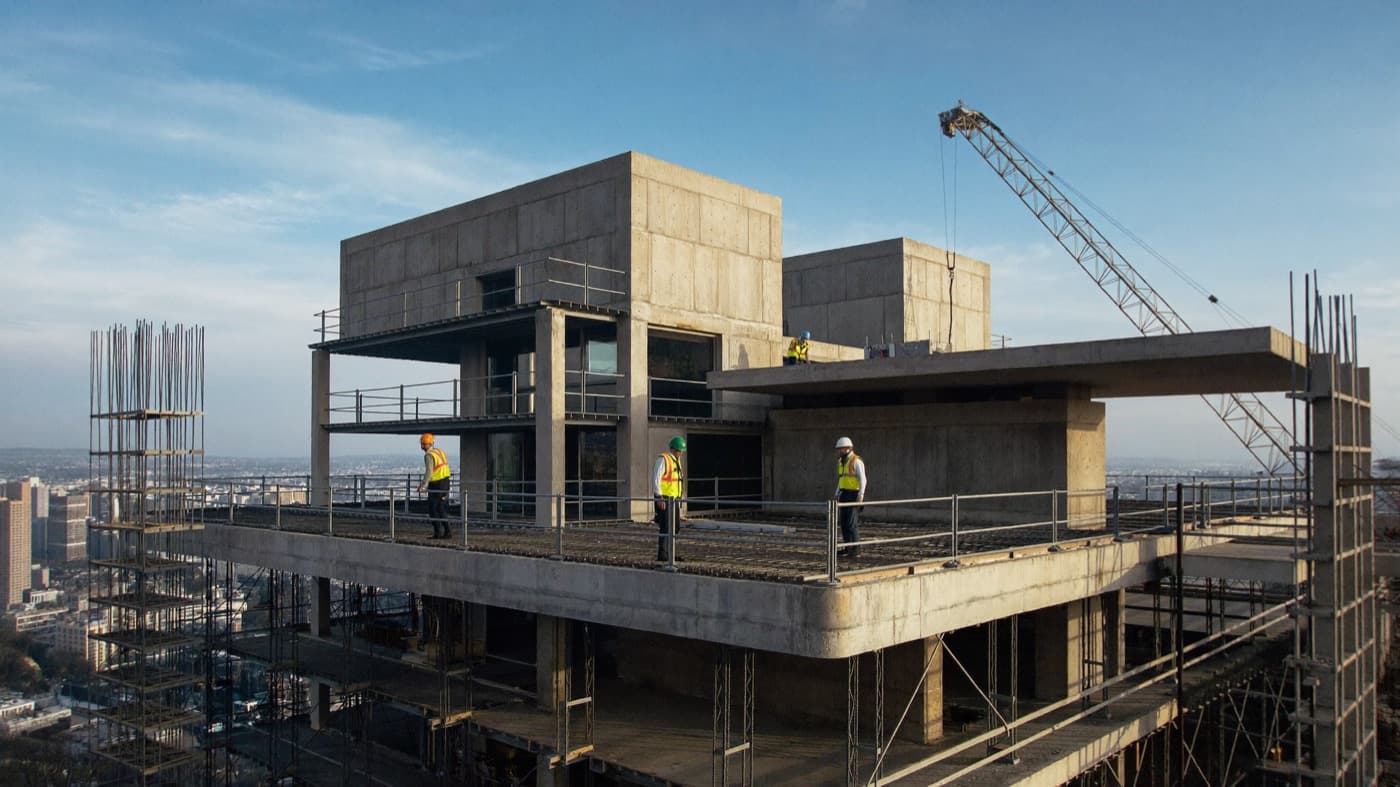 Compagnons en gilet haute visibilité sur le plancher en construction d'un bâtiment