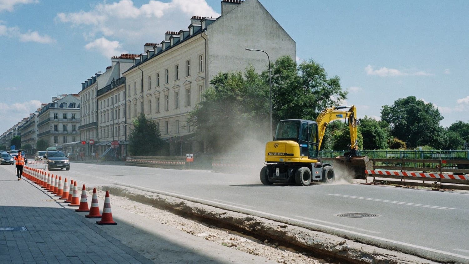 Chantier de voirie dans une rue de ville française : tranchée ouverte, pelle hydraulique et signalisation